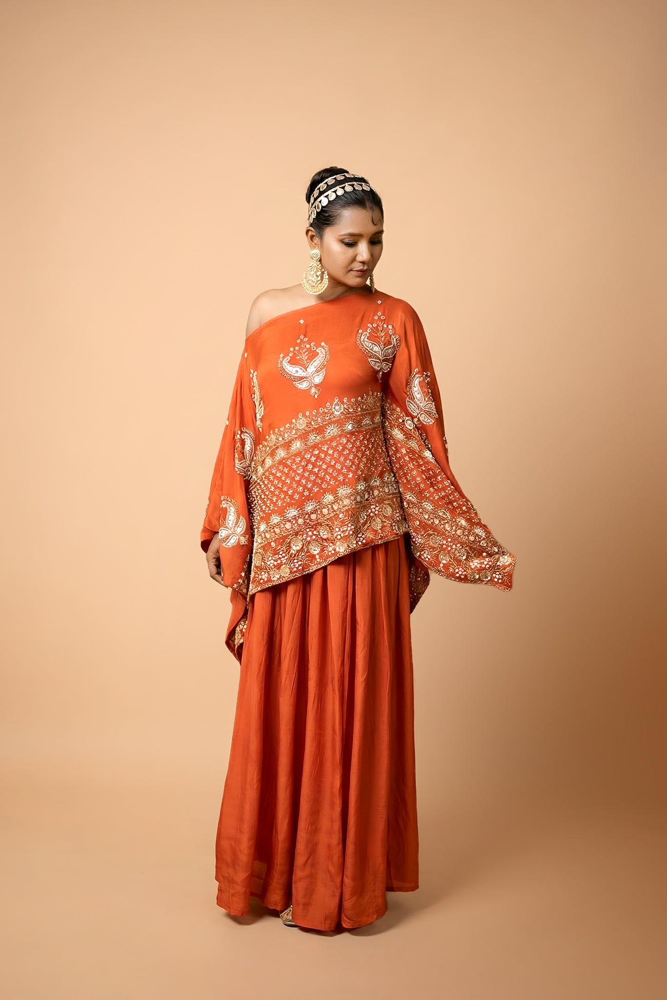 Orange Crepe Silk Designer Rectangular Top & Skirt Set