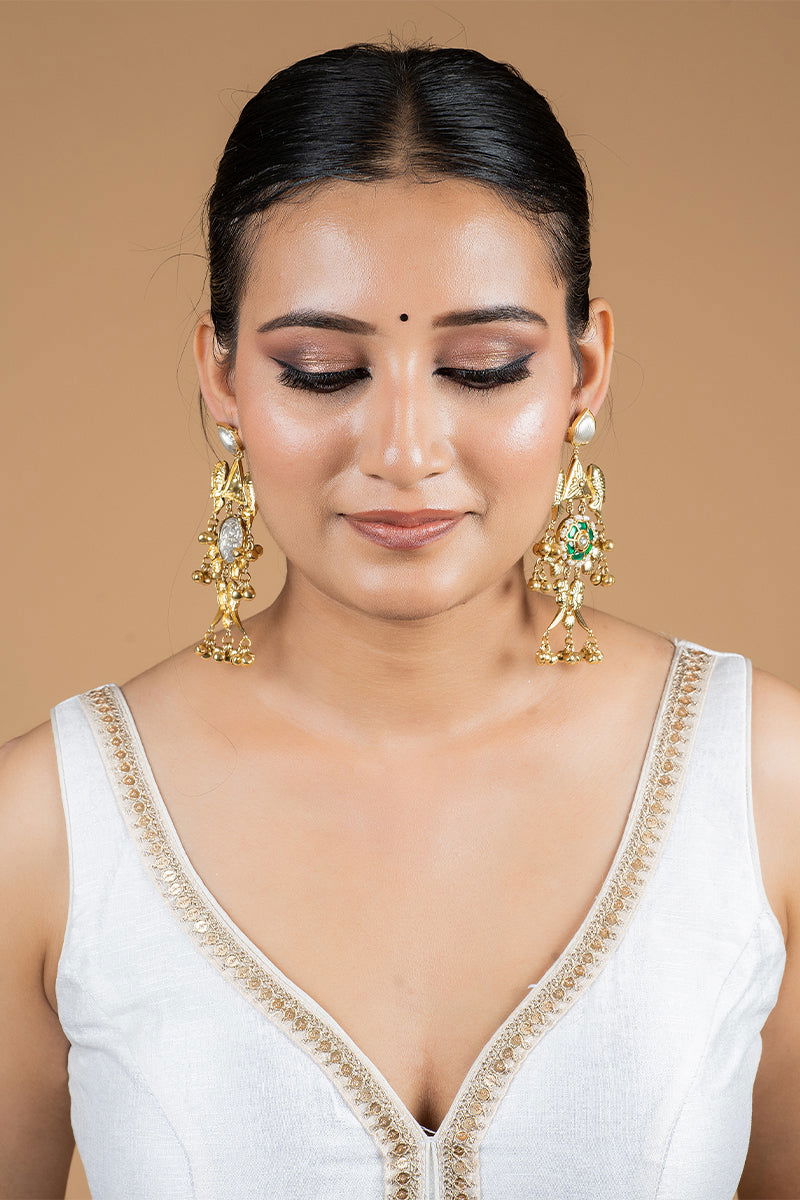 Dangler Earrings with Kundan Work and Pearls in Mixed Metal - Mayrake