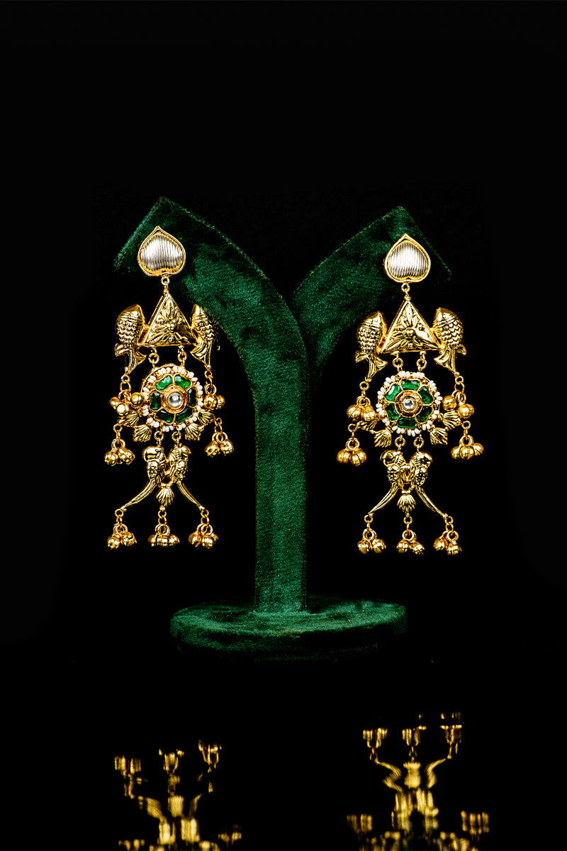 Dangler Earrings with Kundan Work and Pearls in Mixed Metal - Mayrake
