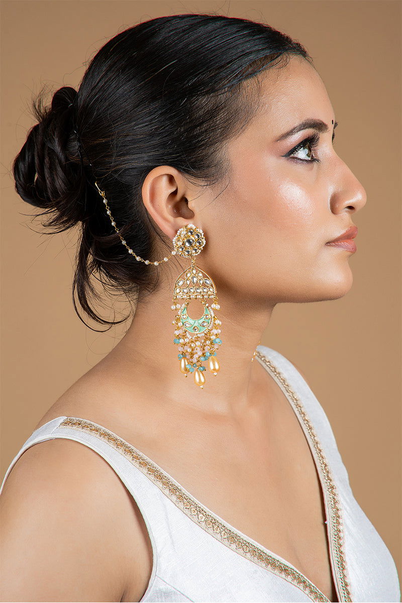 Dangler Earrings with Kundan Work and Pearls in Mixed Metal - Mayrake