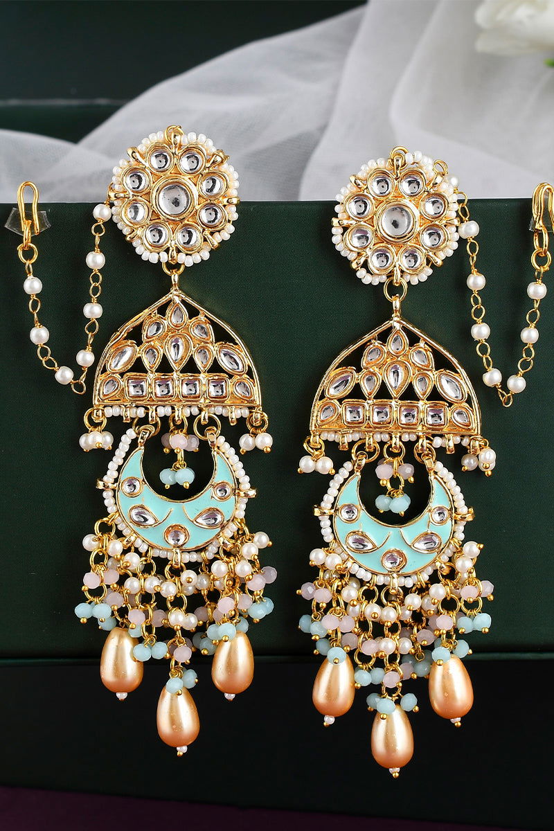 Dangler Earrings with Kundan Work and Pearls in Mixed Metal - Mayrake