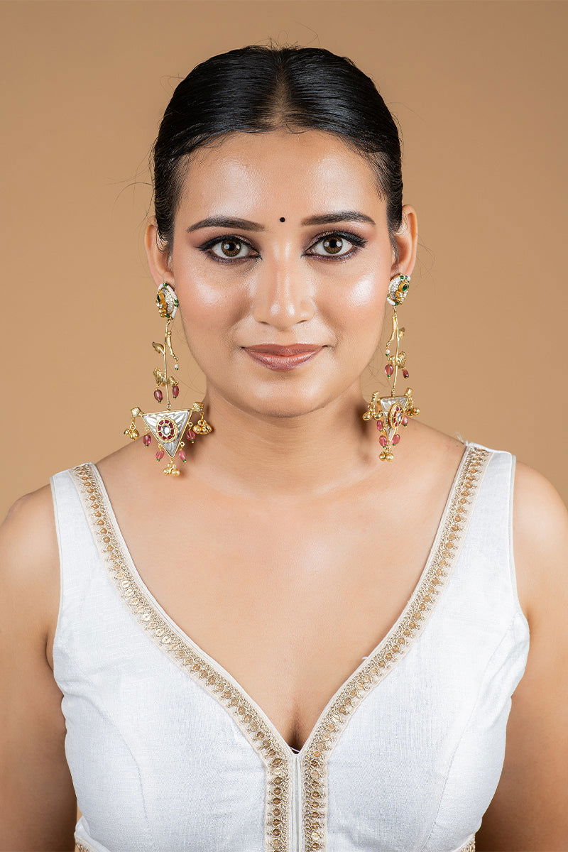 Dangler Earrings with Kundan Work and Pearls in Mixed Metal - Mayrake