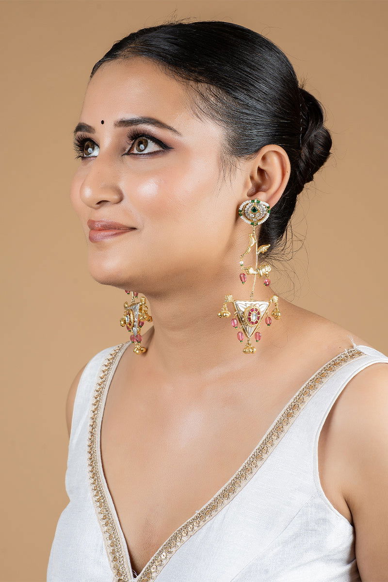 Dangler Earrings with Kundan Work and Pearls in Mixed Metal - Mayrake