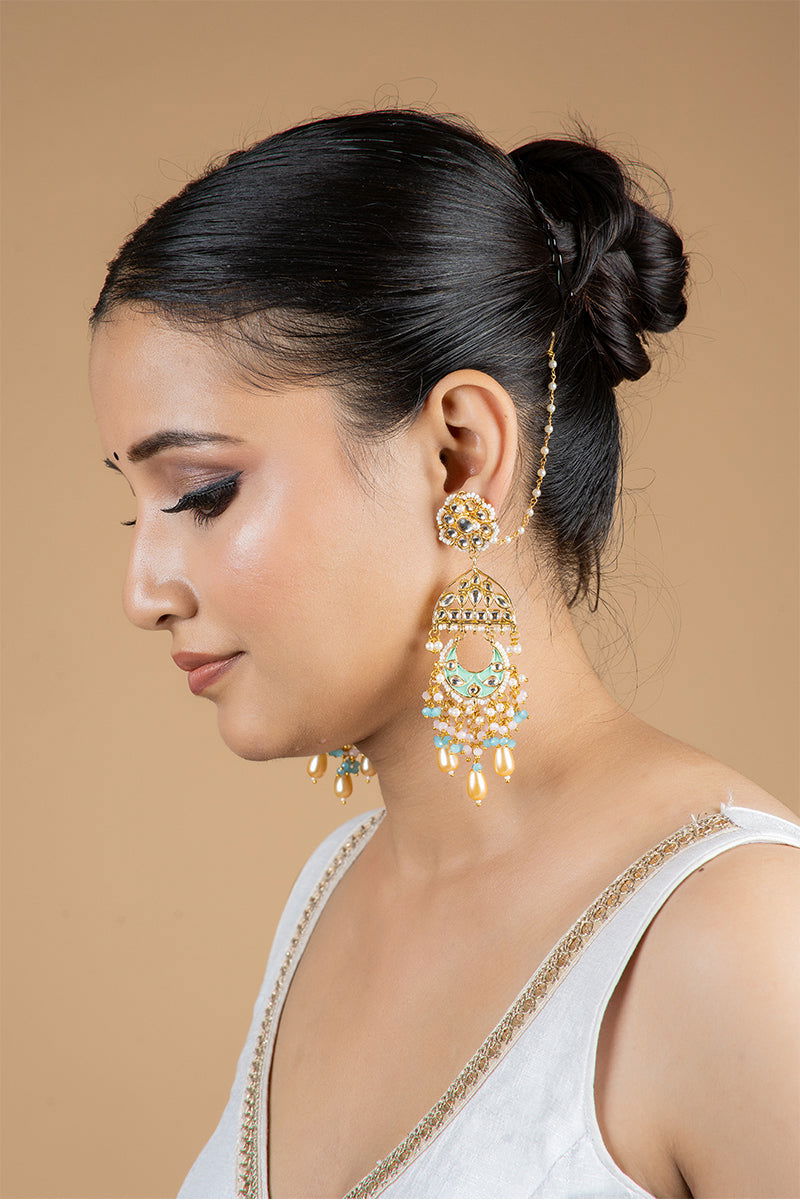 Dangler Earrings with Kundan Work and Pearls in Mixed Metal - Mayrake.in