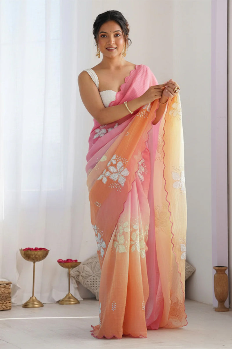 Dark Orange Pastel Shaded Chinon Silk Saree with Sequin Embroidery & Khatli Border