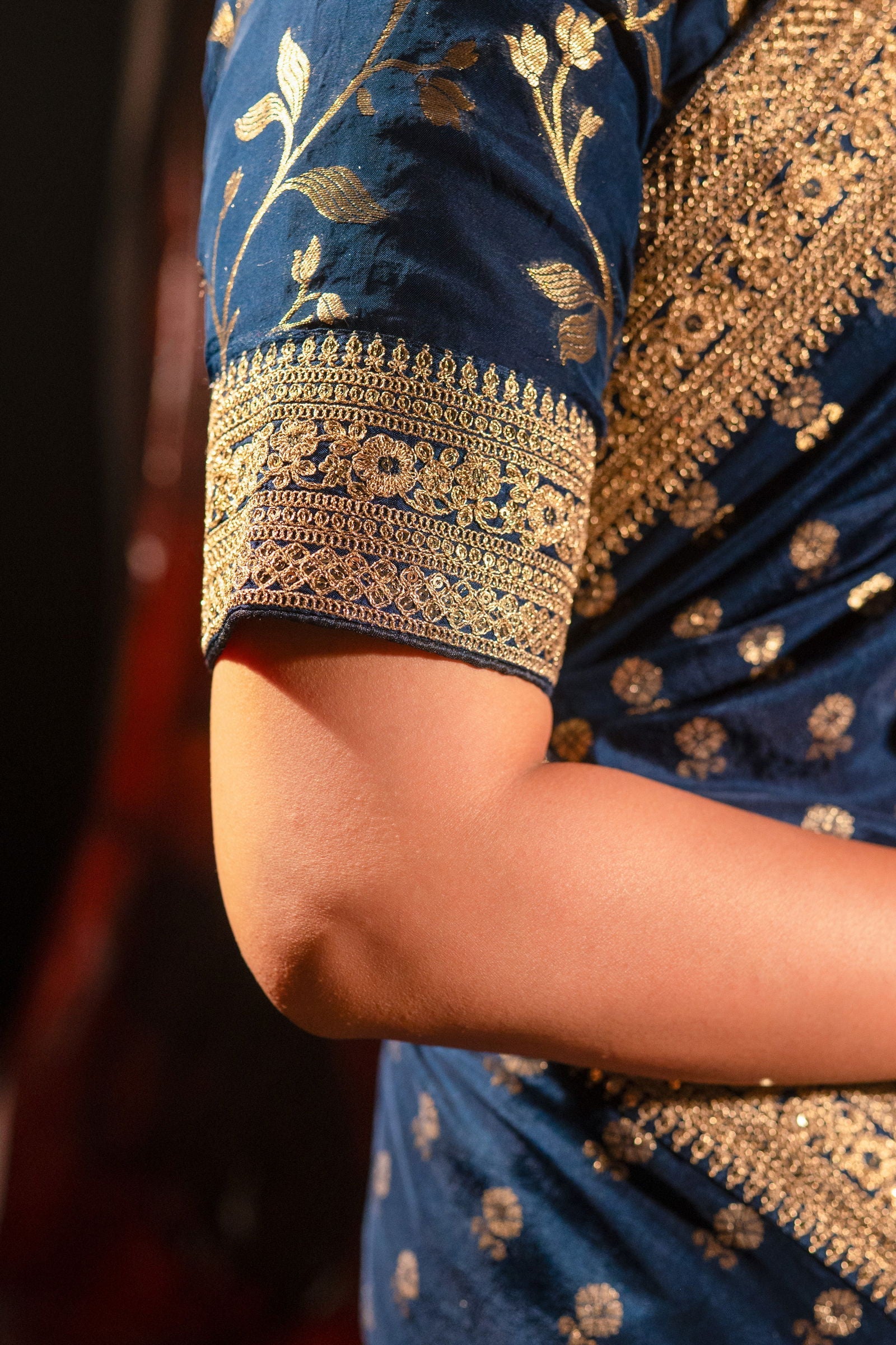 Dark Blue Silk Saree with Golden Buti Work and Rich Zari Border - Mayrake.in