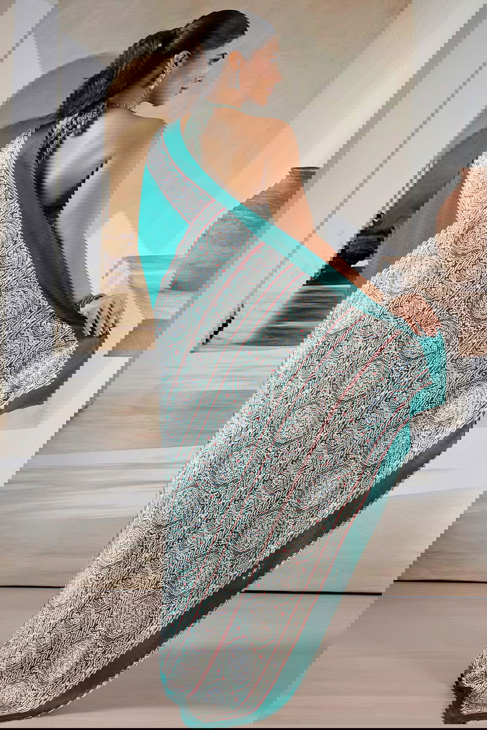 Dark Green Satin Modal Silk Saree with Ajrak Print - Mayrake.in