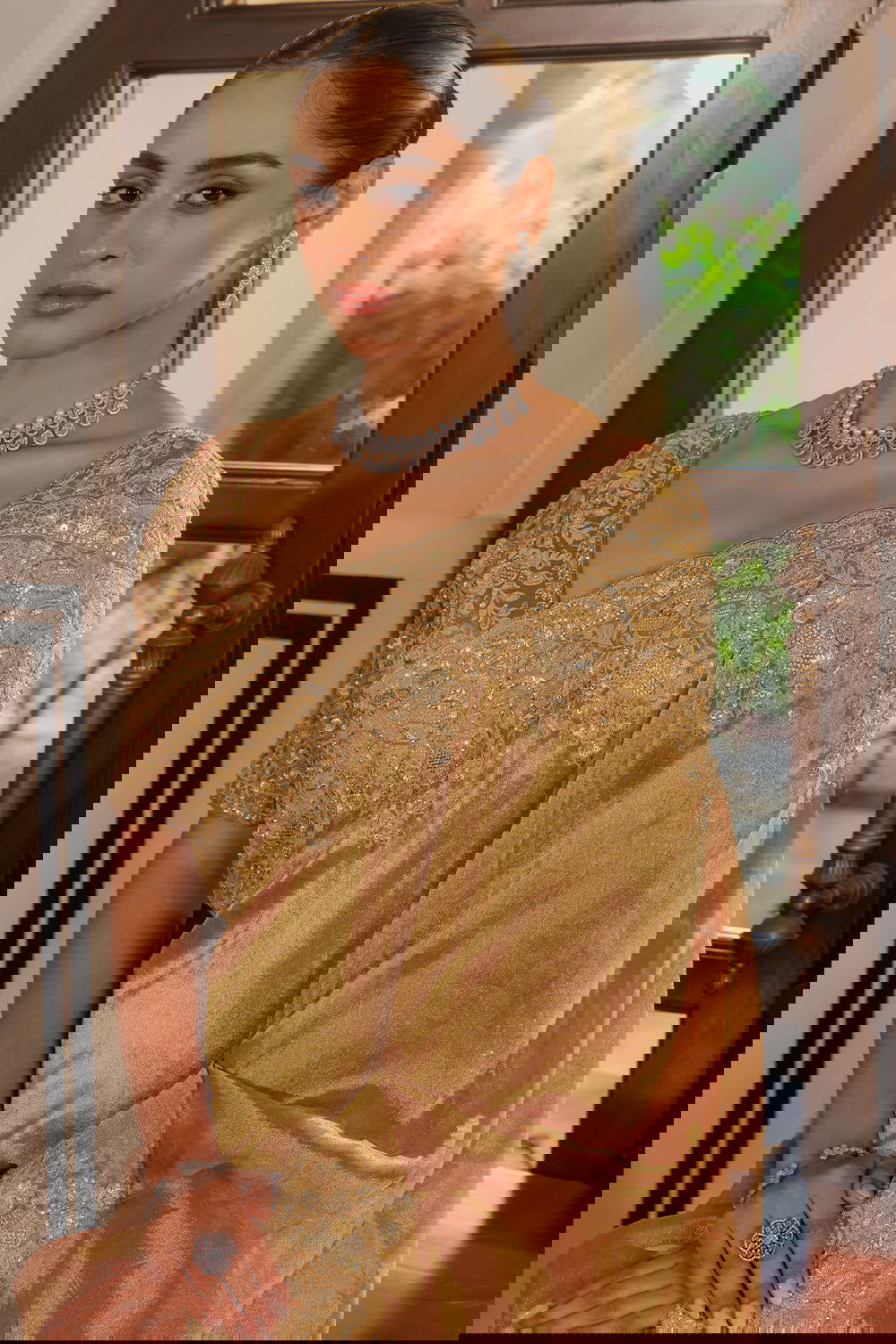 Dark Peach Silk Saree with Zircon Stone Embroidery - Mayrake.in