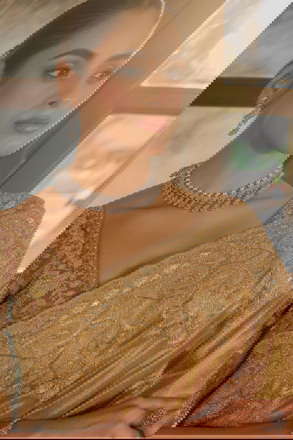 Dark Peach Silk Saree with Zircon Stone Embroidery - Mayrake.in