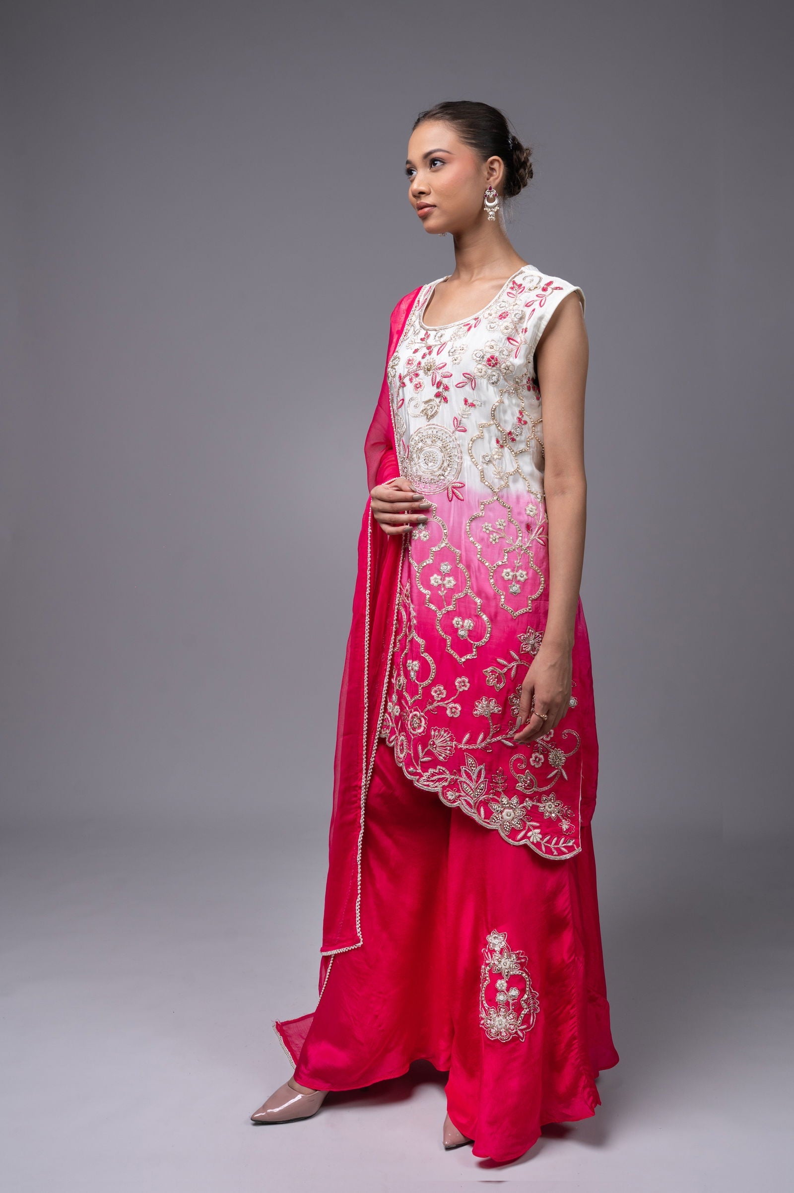 Dark Pink-Cream Shaded Crepe Palazzo Suit with Pearl Embroidered Work - Mayrake.in