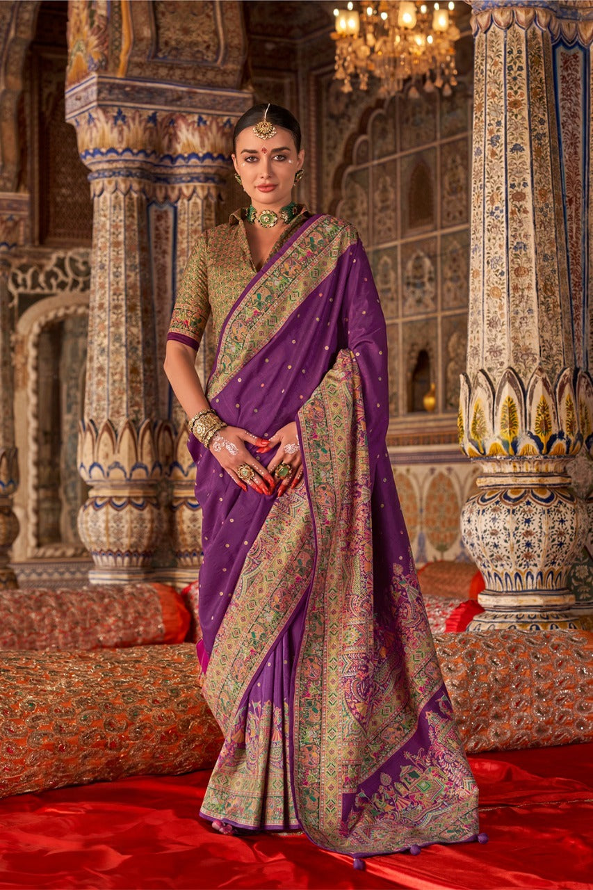 Purple Raw Silk Saree with Heritage Prints