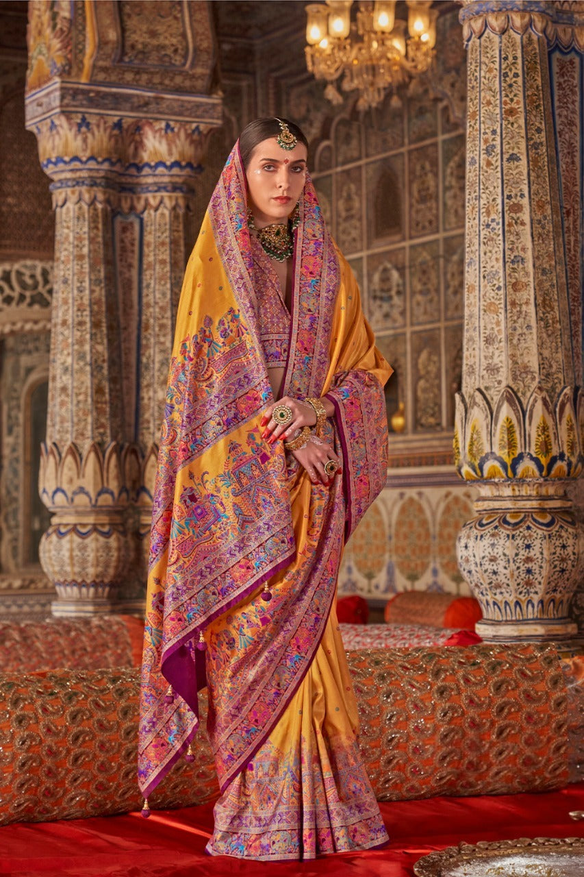 Marigold Yellow Raw Silk Saree with Heritage Prints