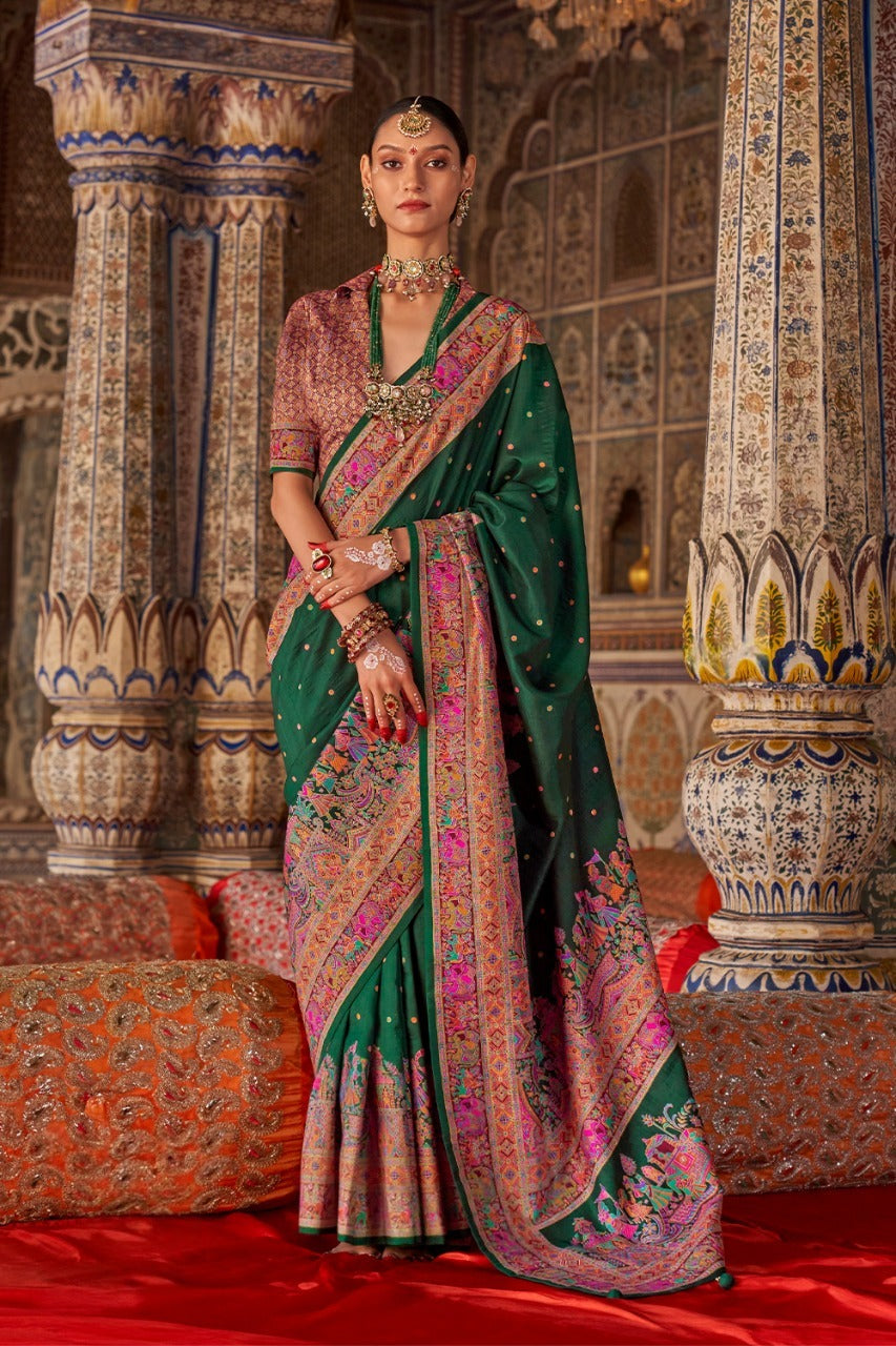 Bottle Green Raw Silk Saree with Heritage Prints
