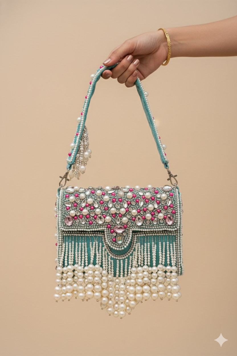 Decorative handbag with pearls and gemstones held by a hand against a beige background