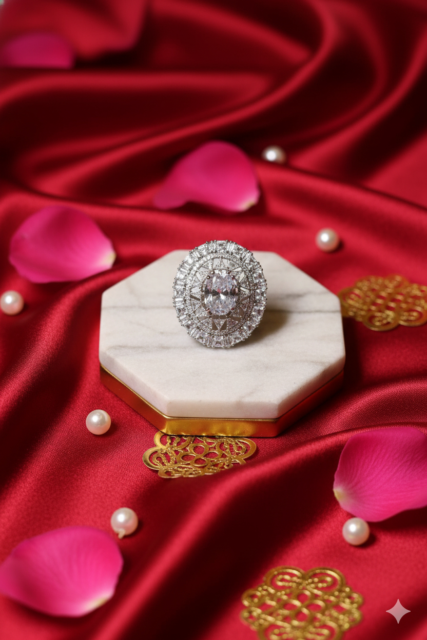 Diamond ring on a decorative stand with red fabric and pink petals