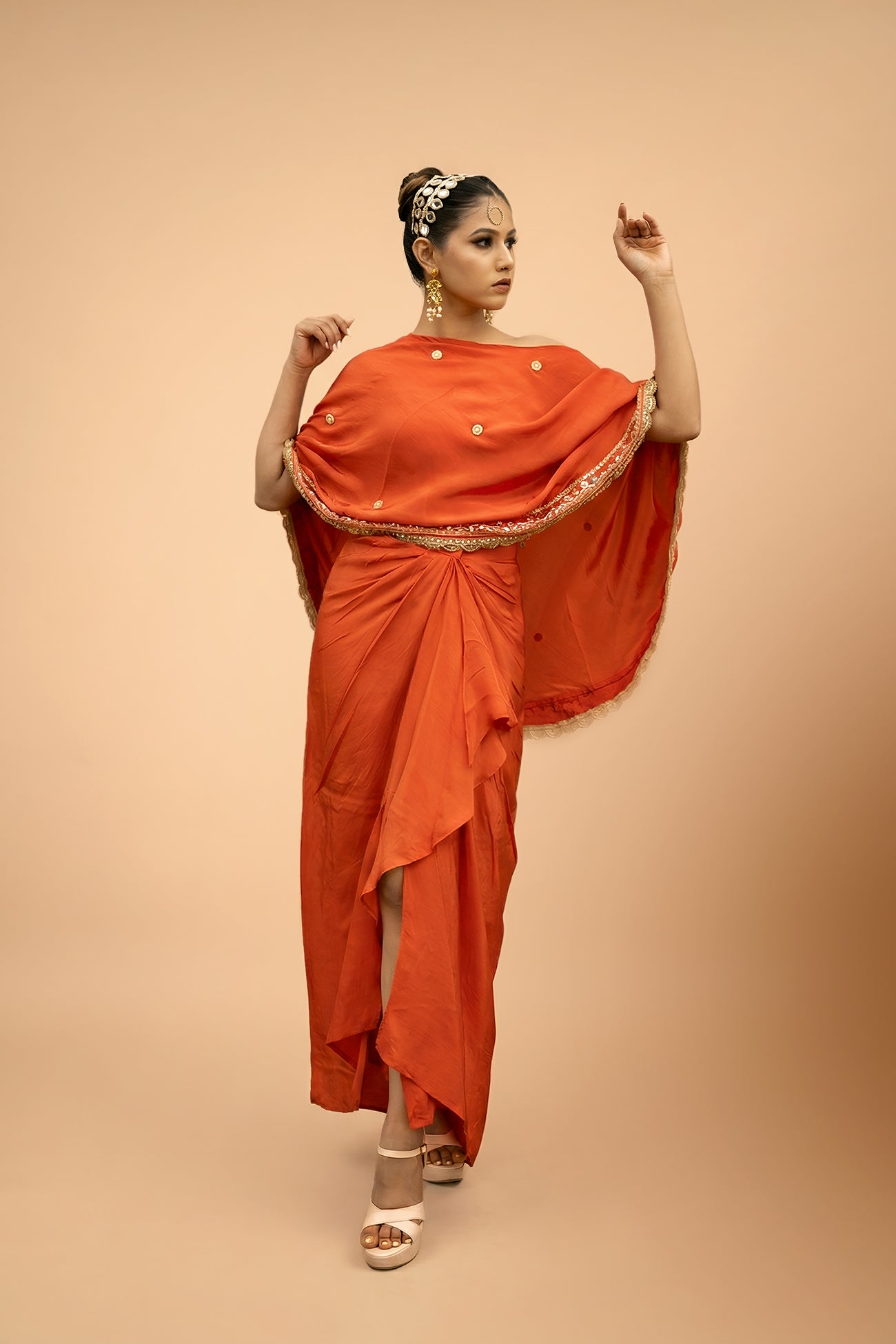 Orange Crepe Silk 3-Piece Indo-Western Dhoti Pattern Set with Top
