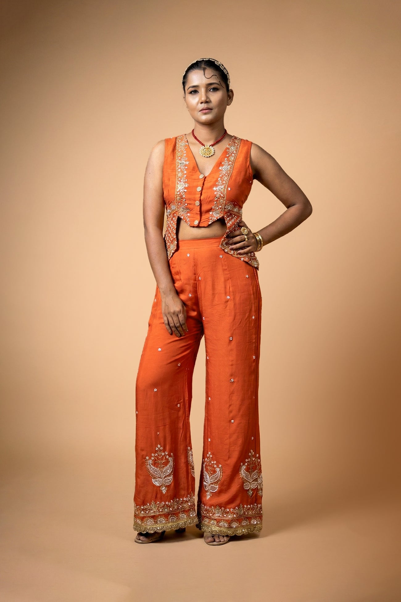 Orange Crepe Silk Designer Crop Top with Sharara Set