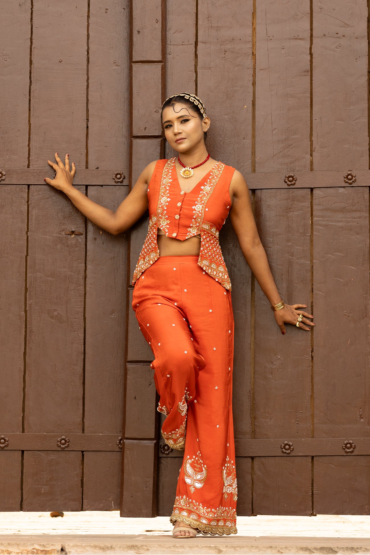 Orange Crepe Silk Designer Crop Top with Sharara Set