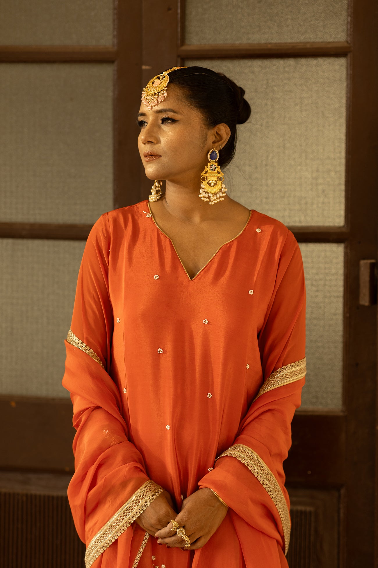 Orange Crepe Silk Full-Sleeve Long Kurta Sharara Set with Dupatta