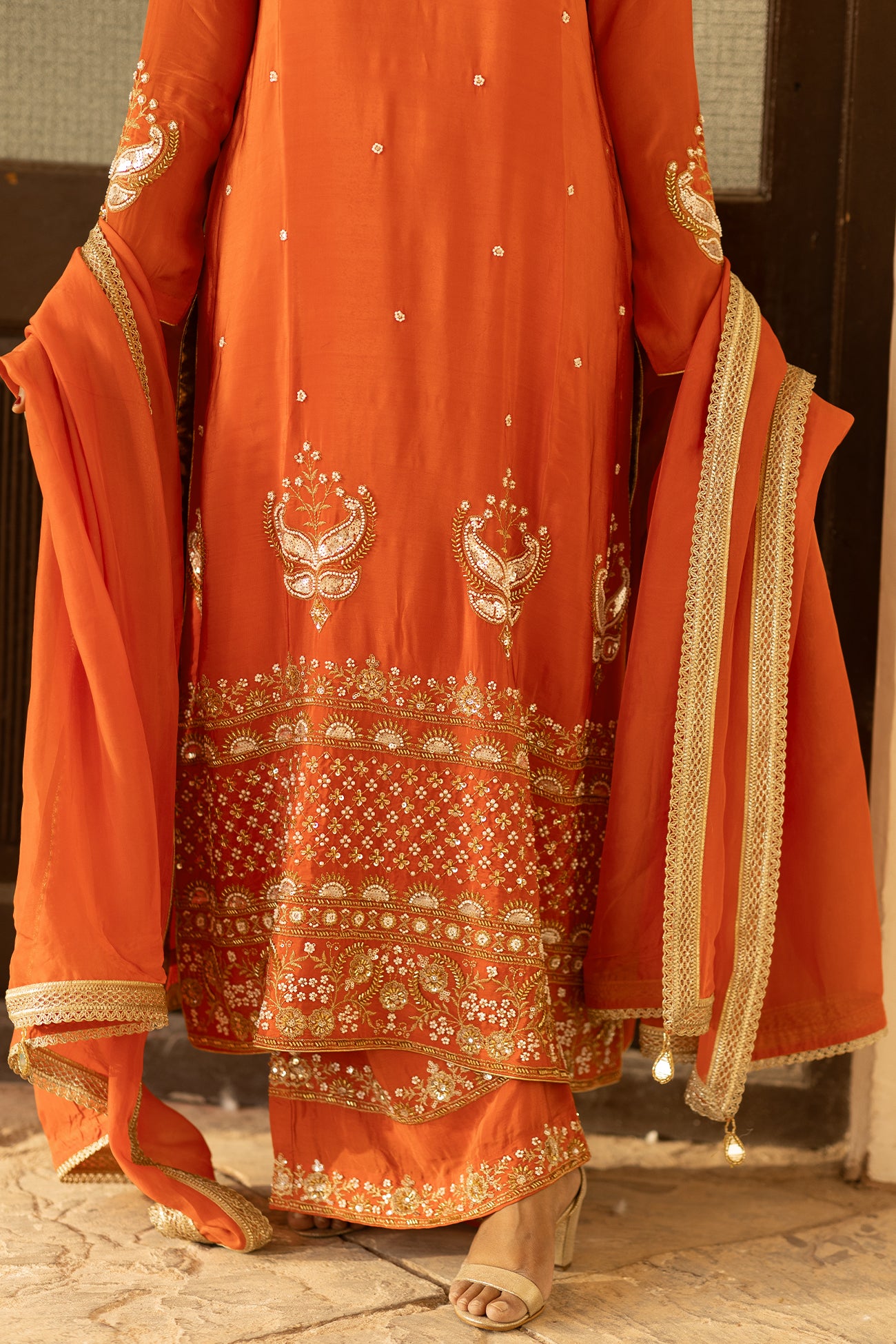 Orange Crepe Silk Full-Sleeve Long Kurta Sharara Set with Dupatta
