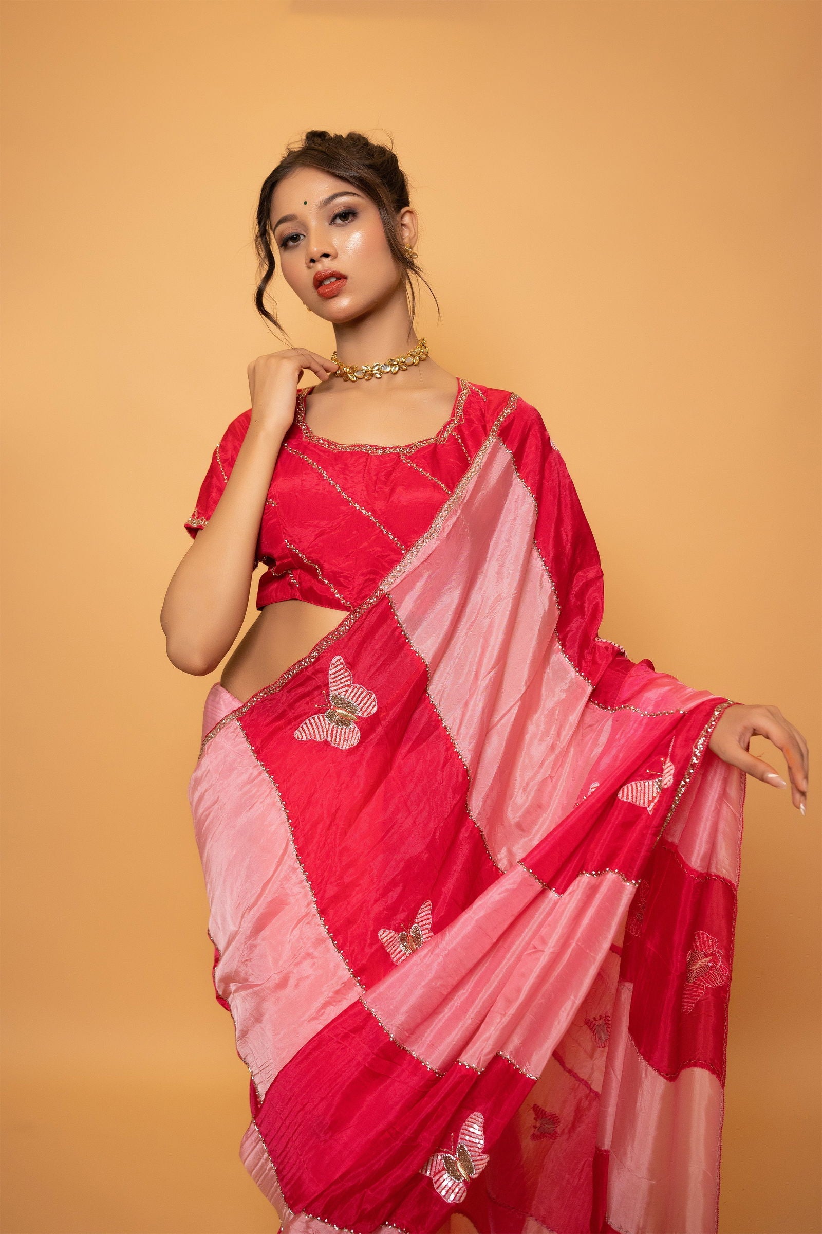Elegant Fuchsia Pink and Rose Pink Saree with Stitched Designer Blouse - Mayrake