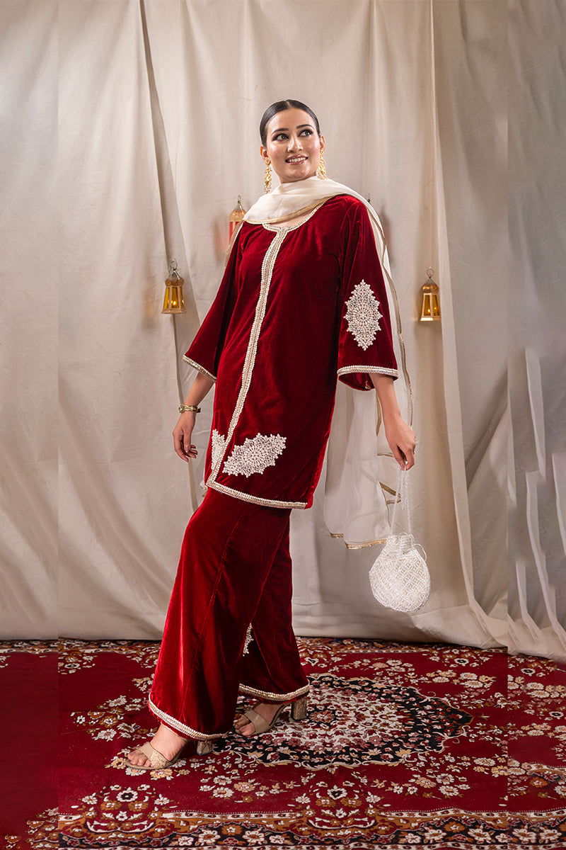Elegant Maroon Velvet Embroidered Short Kurta with Palazzo Pants and Matching Dupatta - Mayrake - 