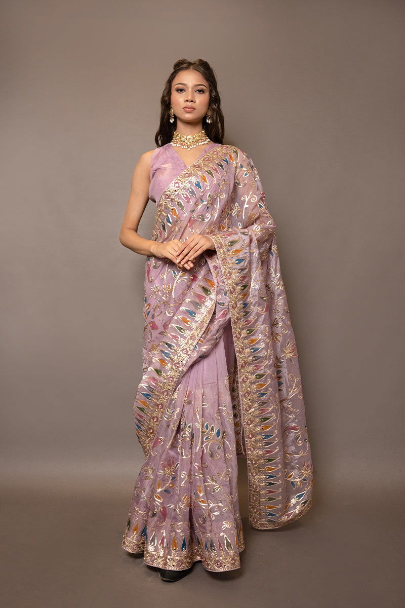 Elegant Onion Pink Organza Saree  Paired with a Stitched Designer Blouse - Mayrake