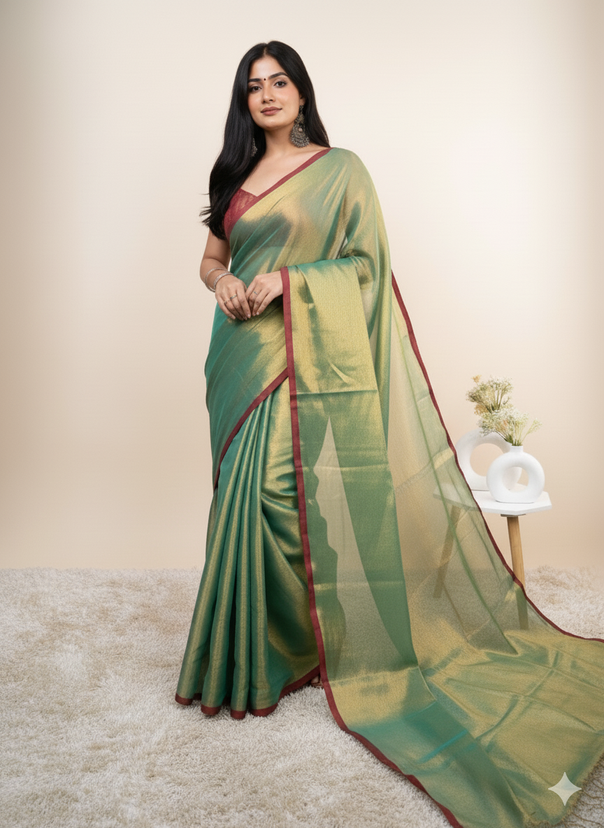 Elegant Shimmer Parrot Green Khadi Cotton Tissue Handloom Saree - Mayrake.in