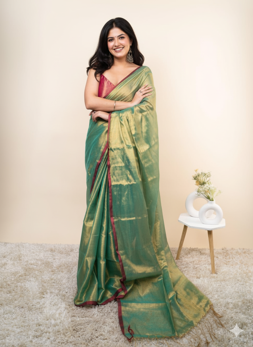 Elegant Shimmer Parrot Green Khadi Cotton Tissue Handloom Saree - Mayrake.in