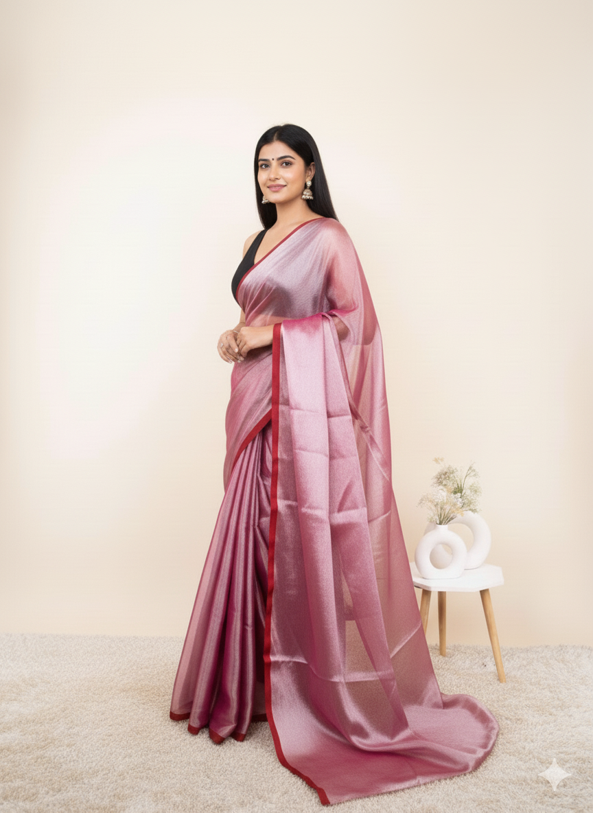 Elegant Shimmer Rose Pink Pink Khadi Cotton Tissue Handloom Saree - Mayrake.in