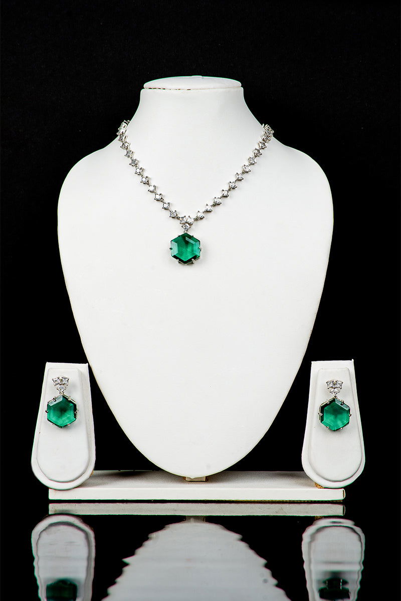 Emerald Green AD Necklace with Earrings - Mayrake
