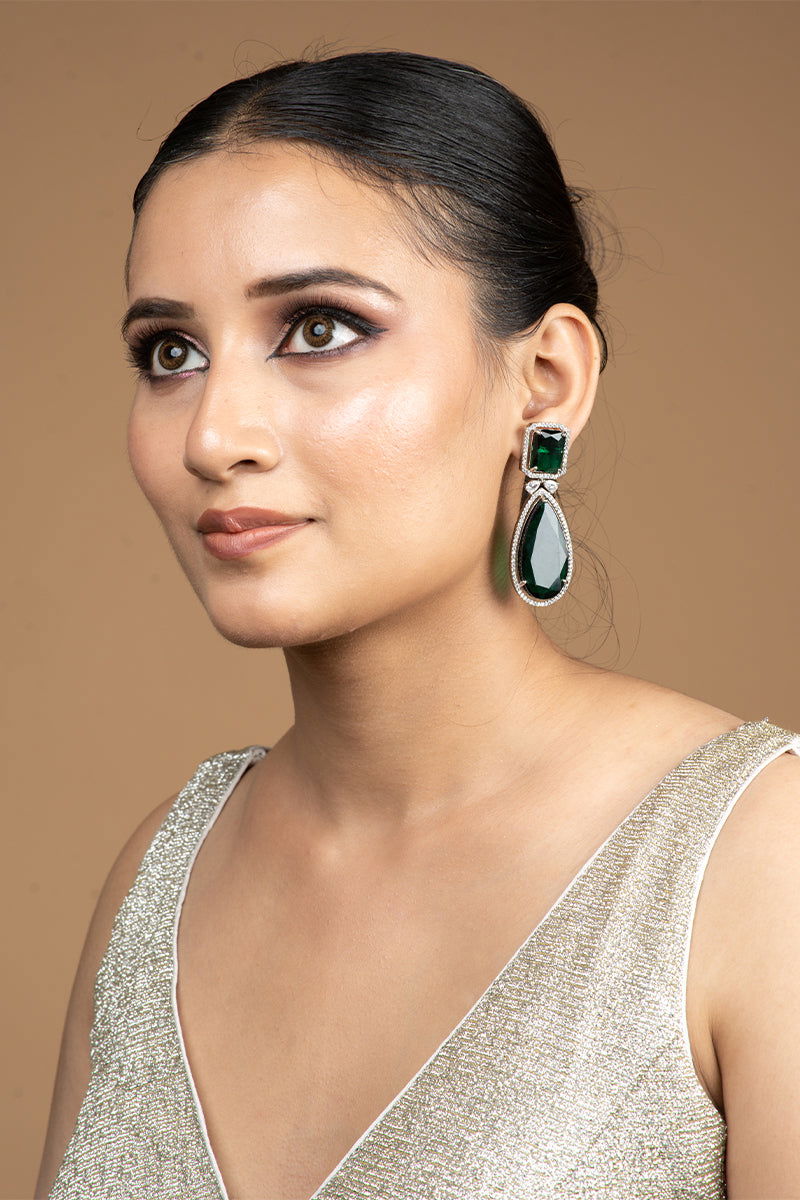Emerald Green AD Teardrop Earrings with Stones - Mayrake