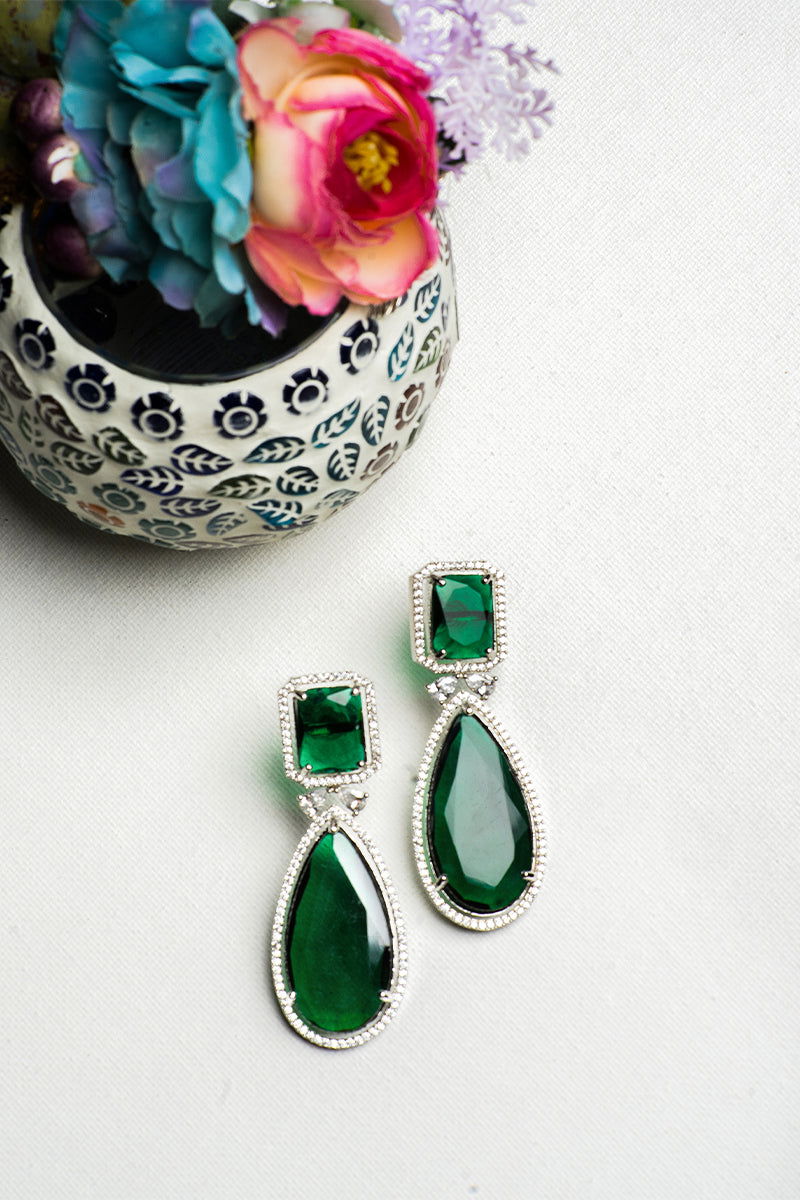 Emerald Green AD Teardrop Earrings with Stones - Mayrake