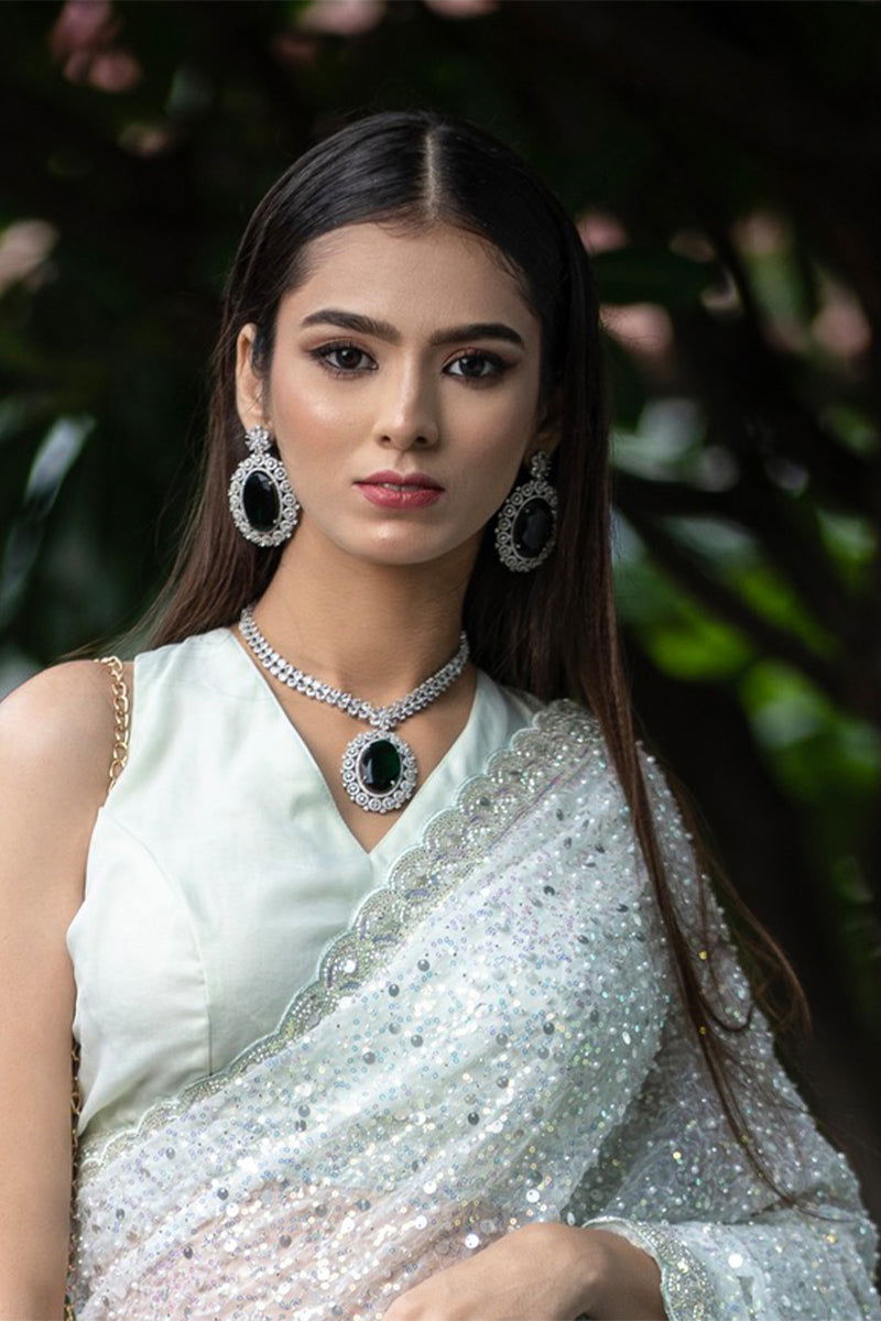 Emerald Green American Diamond Necklace with Earrings - Mayrake