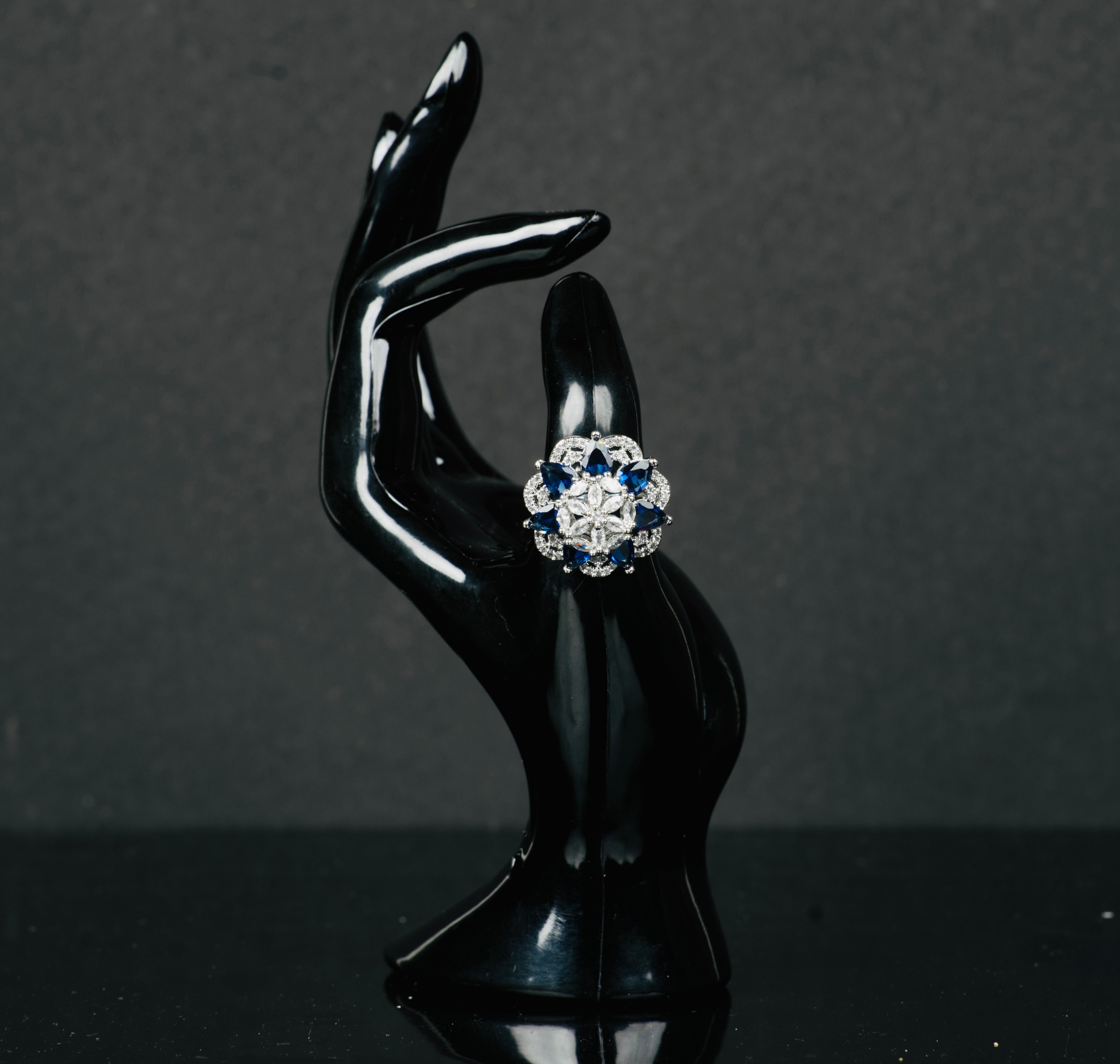 Blue-Colored American Diamond Round Shaped Multiple Stone Jewellery Ring
