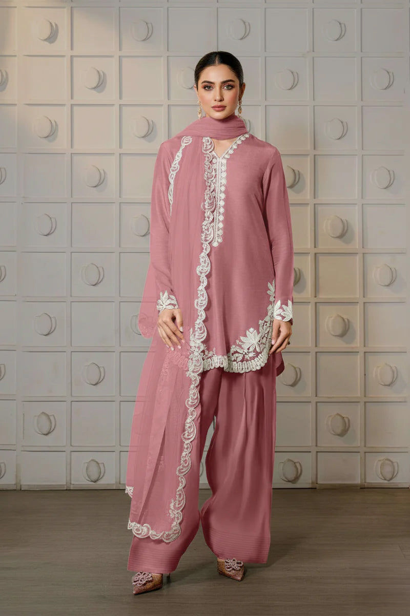 Baby Pink Farsi Salwar Suit with White Thread Lace Work