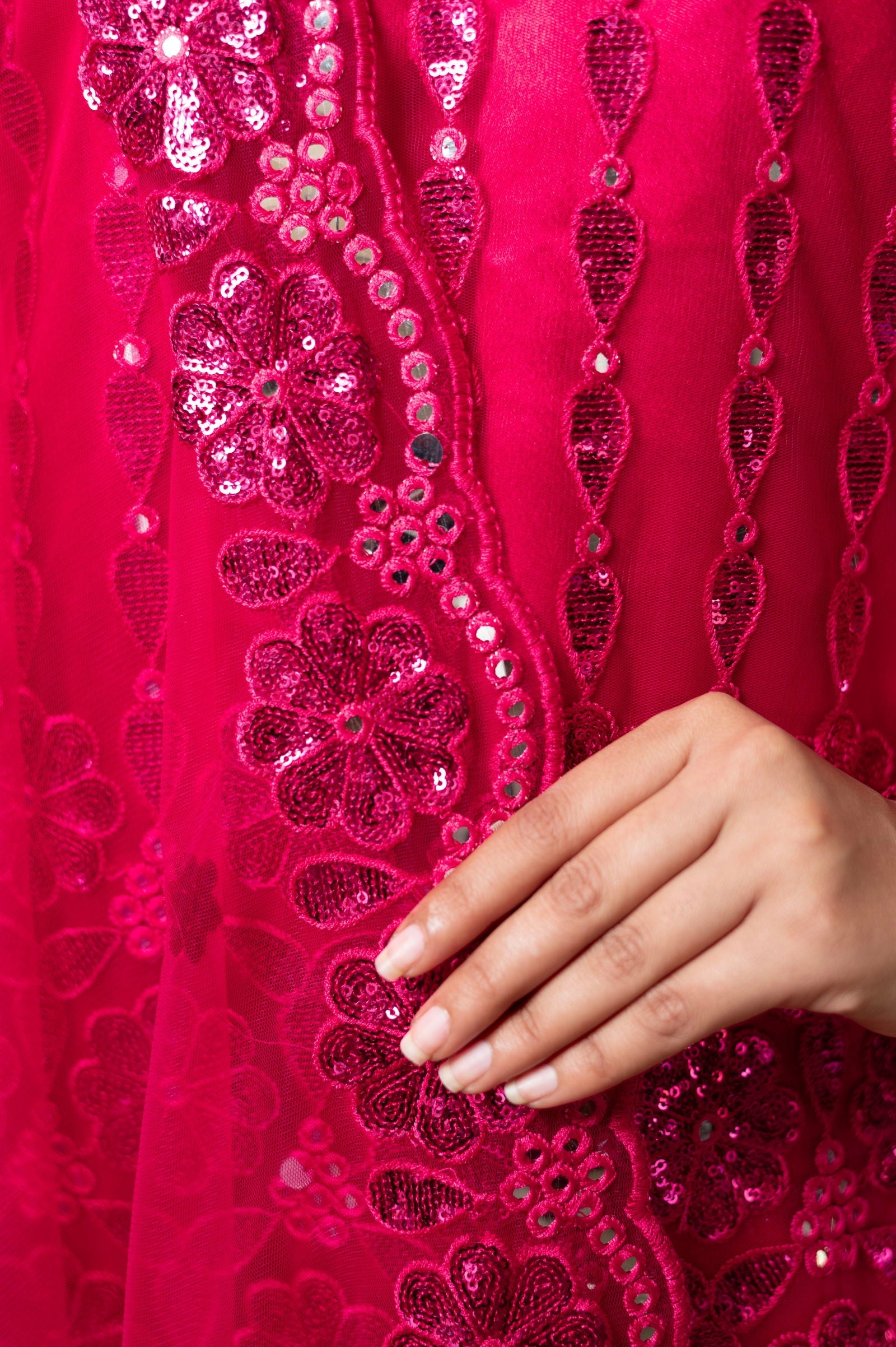 Fuchsia Pink Super Net Full Sleeve Kurta With Flared Palazzo Sets - Mayrake.in