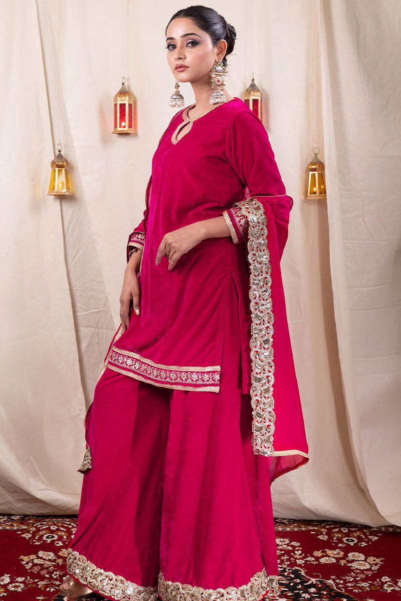 Fuchsia Pink Velvet Shimmering Kurta Palazzo Pant Suit - Mayrake.in