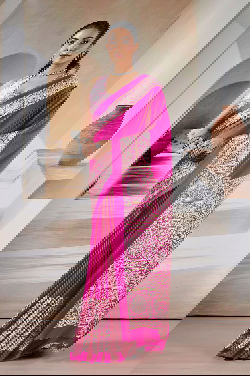 Fushcia Pink Satin Modal Silk Saree with Ajrakh Print - Mayrake.in