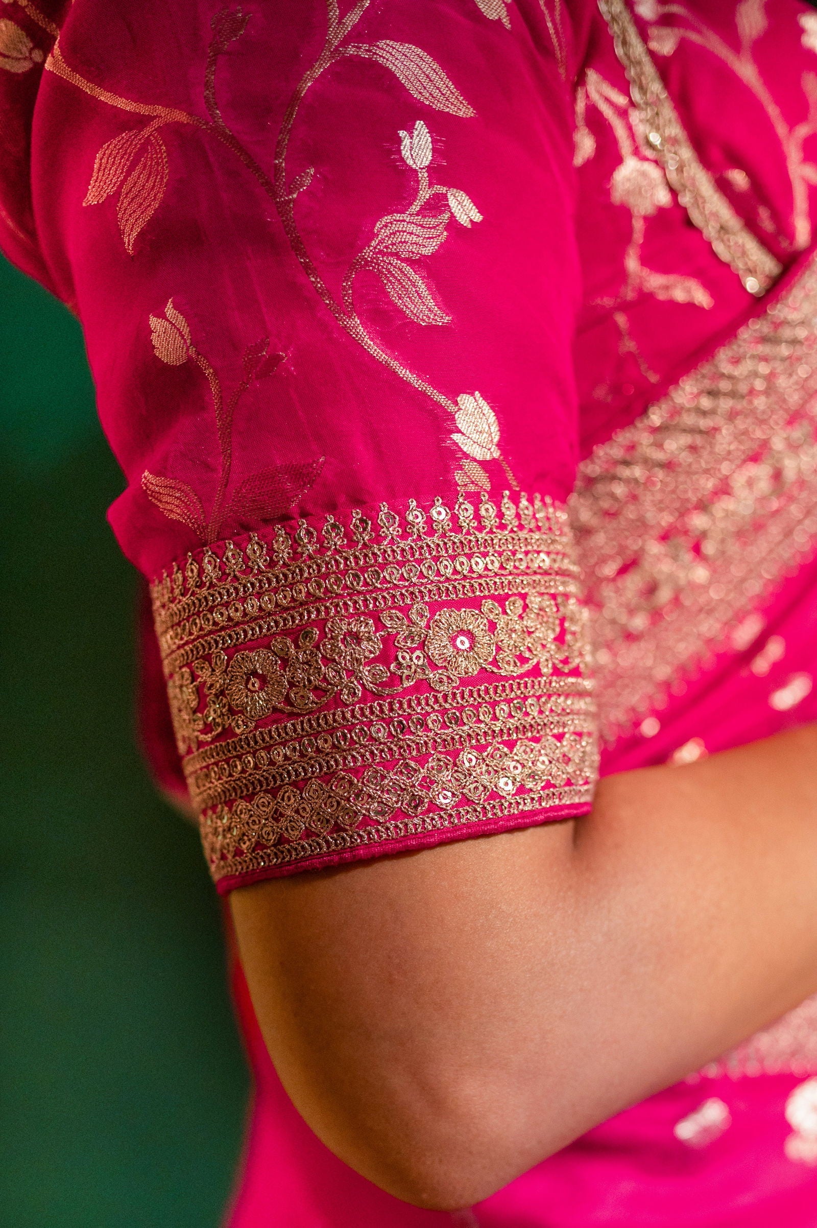 Fushcia Rani Pink Silk Saree with Golden Buti Work and Rich Zari Border - Mayrake.in