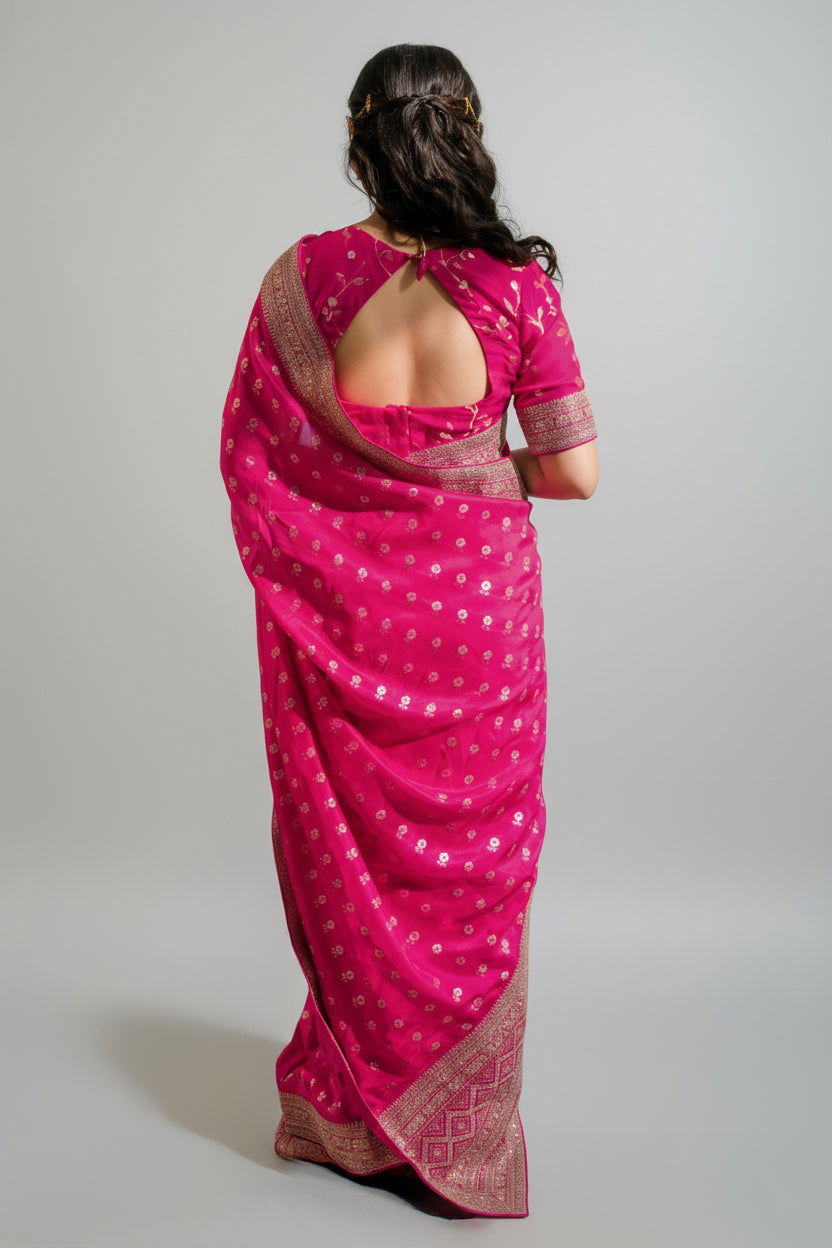 Fushcia Rani Pink Silk Saree with Golden Buti Work and Rich Zari Border - Mayrake.in