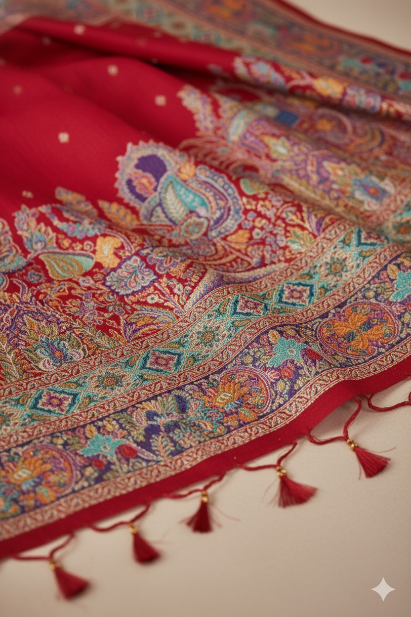 Cherry Red Raw Silk Saree with Heritage Prints