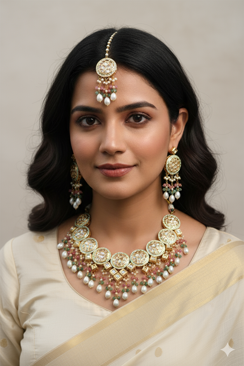 Gold Finish Kundan Necklace Jewellery with Multi-Color Beads and Pearls