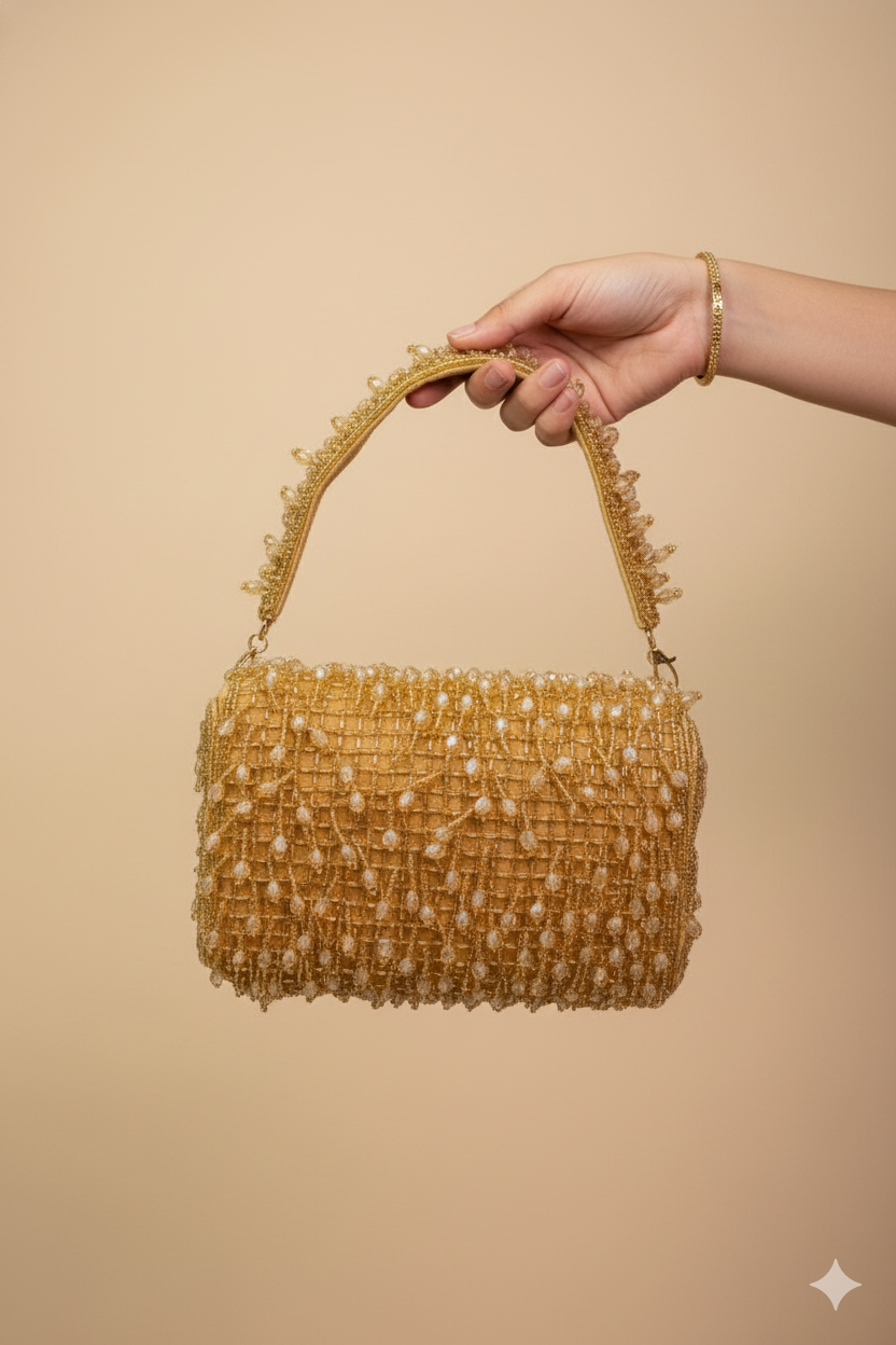 Golden Beige Clutch with Tassels and Beads