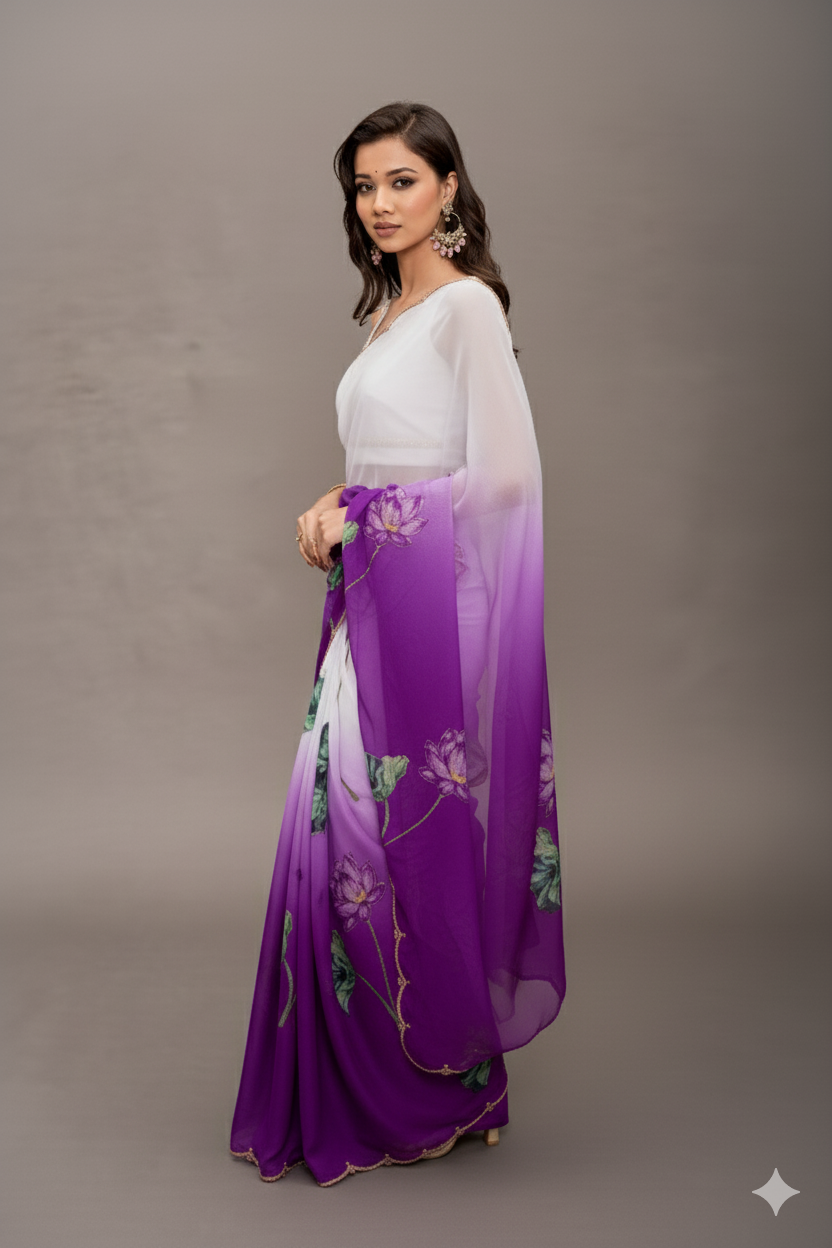Dark Purple Tebi Twin Silk Saree with Floral Digital Print & Moti Handwork Border