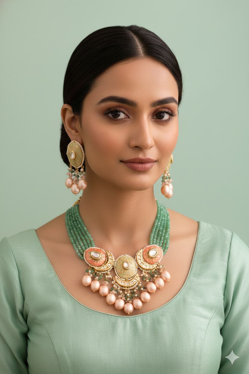 Gold Finish Kundan Sea Green Beads and Pearls Necklace Jewellery