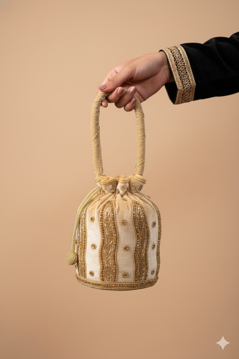 Beige Color Hanging Potli with Golden Beads and Zari Designs with Velvet Base