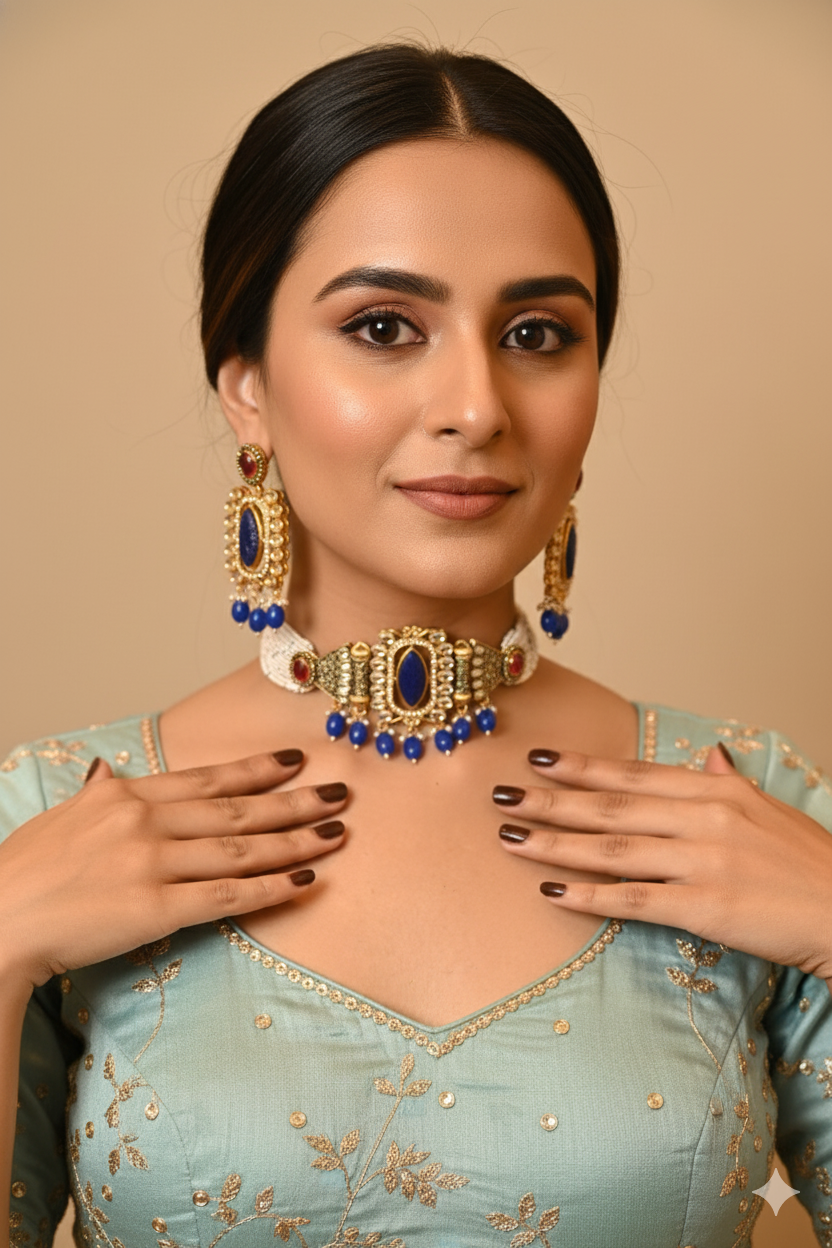 Kundan Blue Beads Choker with Matching Earrings Jewellery Set