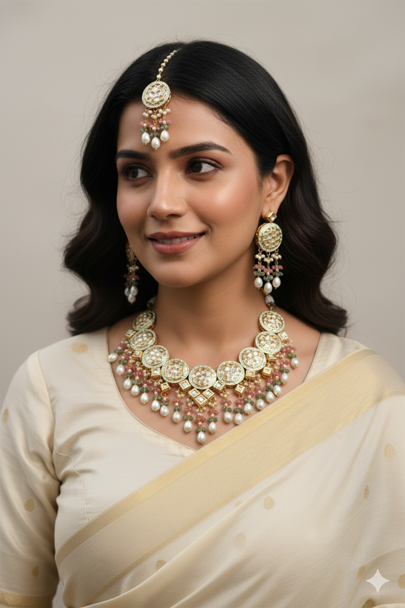 Gold Finish Kundan Necklace Jewellery with Multi-Color Beads and Pearls