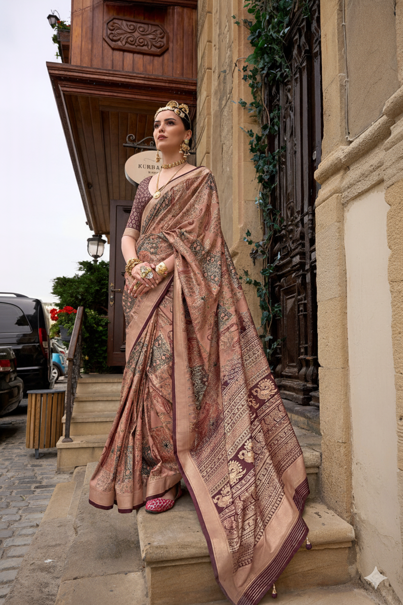 Coffee Brown Raw Silk Saree with Floral Motifs
